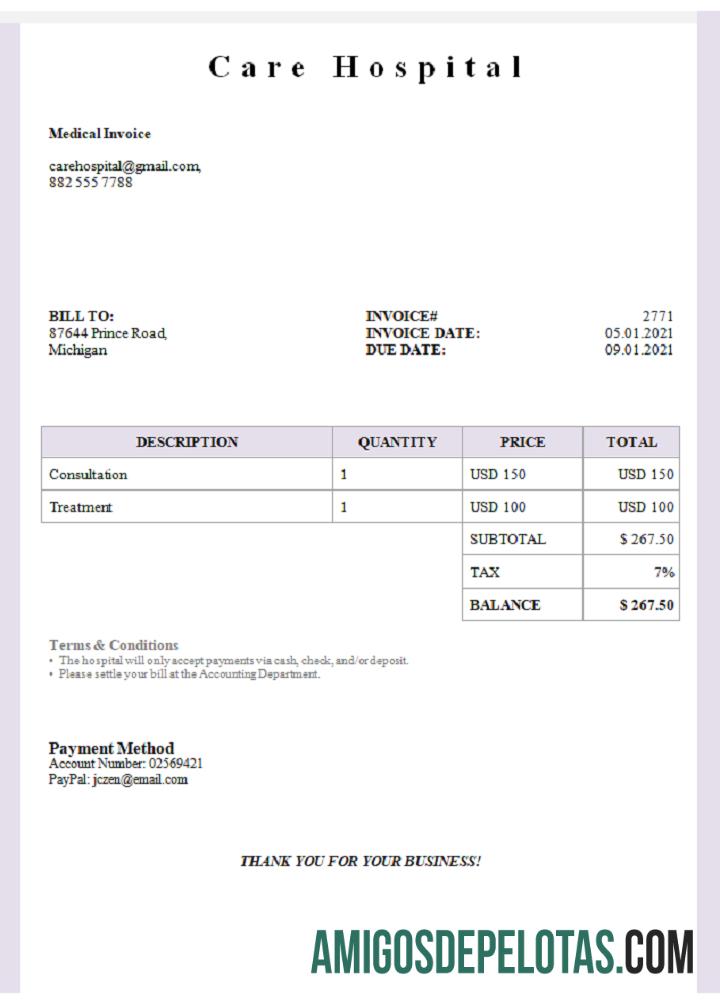 Fatura do Hospital de Cuidados dos EUA baixar para verificação